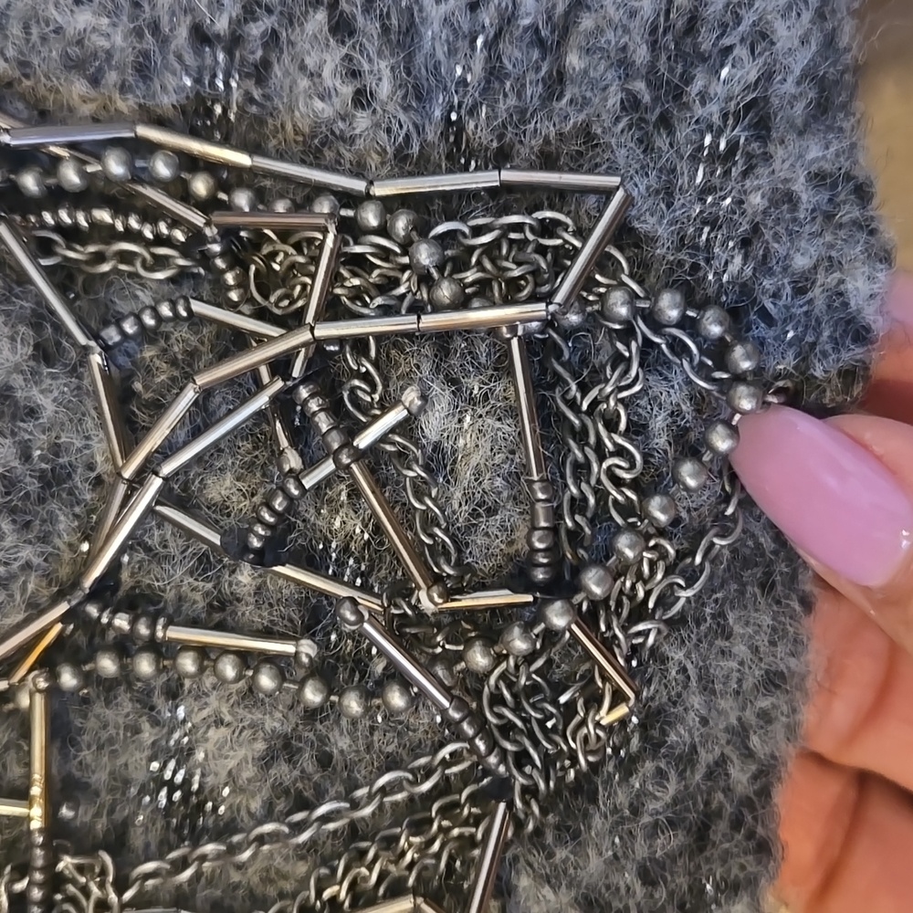 RARE Gray Metallic Accent Cardigan Sweater with Feather Accent Trim - Picture 6 of 16